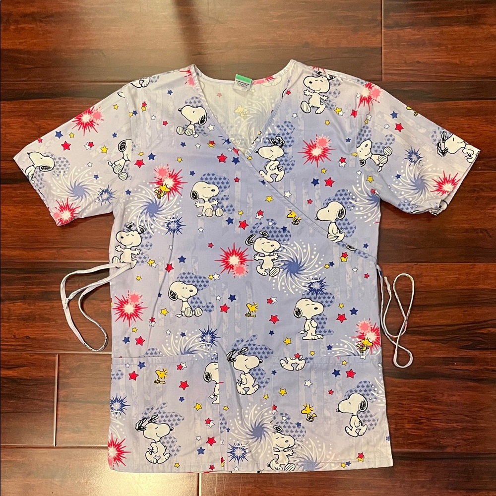 Snoopy Woodstock Peanuts Patriotic 4th of July Stars Fireworks Scrub Top